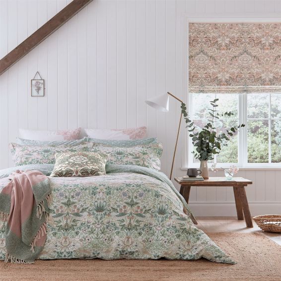 Strawberry Thief Bedding Duvet Cover and Pillowcase by William Morris in Cochineal Pink