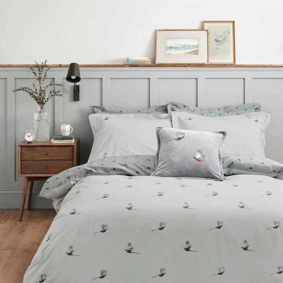 Pheasant Cotton Cushion by Sophie Allport in Blue Mist