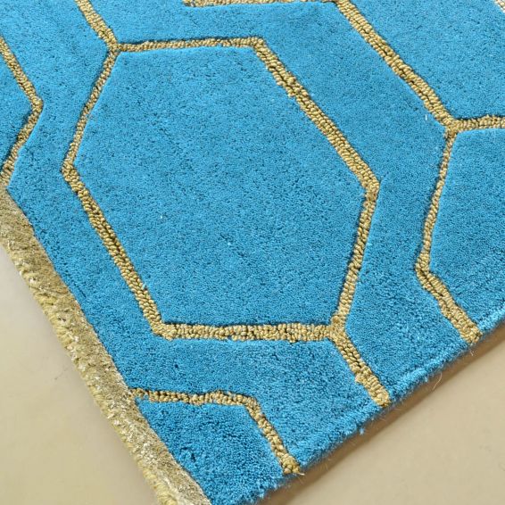 Arris Geometric Wool Rugs 37307 in Teal and Gold by Wedgwood