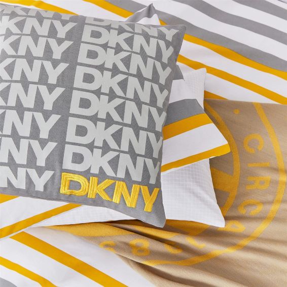 Logo Printed Cotton Cushion by DKNY in Grey Yellow