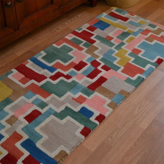 Estella Tetris Geometric Wool Runner Rugs in 89605 Multi