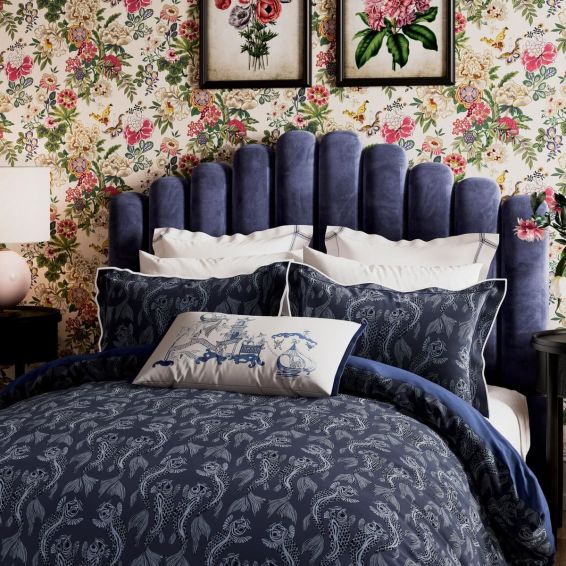 Voyaging Koi Bedding by Sanderson in Midnight Blue