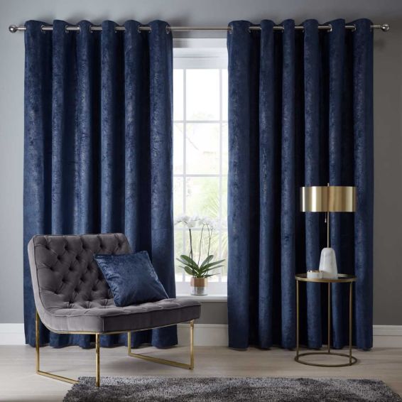 Navarra Metallic Velvet Curtains By Clarke And Clarke in Indigo Blue