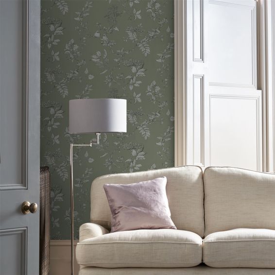 Elderwood Botanical Wallpaper 113348 by Laura Ashley in Sage Green