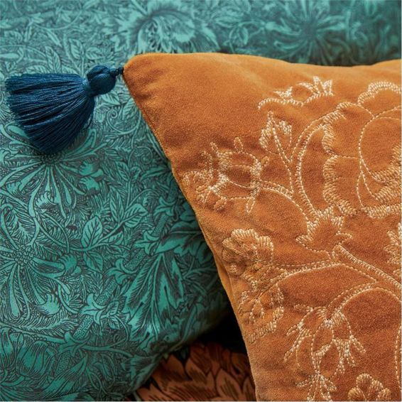 Honeysuckle And Tulip Cushion in Saffron Orange by William Morris