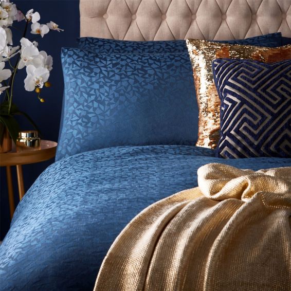 Topaz Geometric Jacquard Bedding By Tess Daly in Midnight Blue