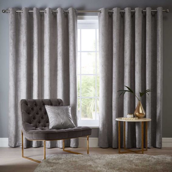 Navarra Metallic Velvet Curtains By Clarke And Clarke in Silver Grey