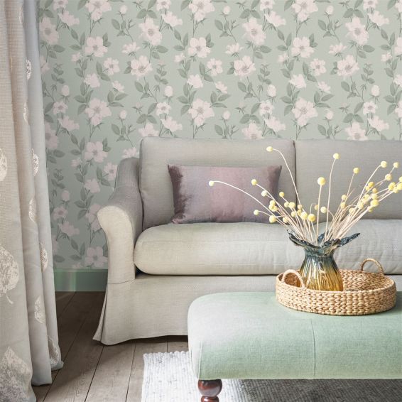 Fleurir Floral Wallpaper 114917 by Laura Ashley in Smoke Green