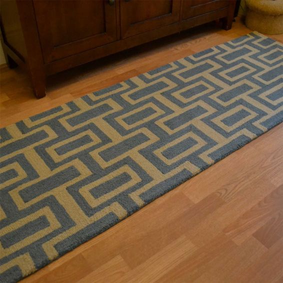 Intaglio Geometric Wool Runner Rugs 37201 Blue by Wedgwood