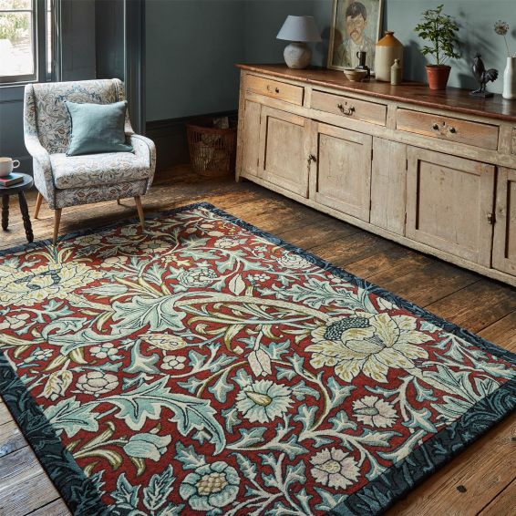 Trent Floral Wool Rugs 127510 by Morris & Co in Webbs Blue