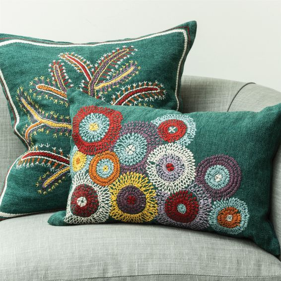 Fiorela Embroidered Stem Cushion By William Yeoward in Jade Green