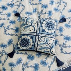 Scrolling Carnation Cushion by Morris & Co x V&A in Indigo Ivory White