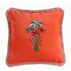 Jungle Palms Fringed Hem Cushion by Emma J Shipley in Coral Orange