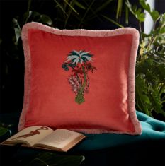 Jungle Palms Fringed Hem Cushion by Emma J Shipley in Coral Orange