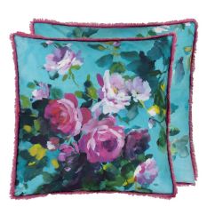 Bouquet De Roses Cushion by Designers Guild in Turquoise Blue