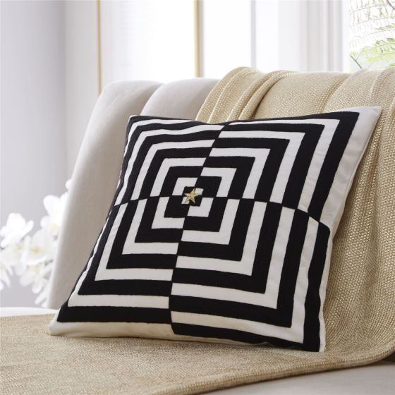 Op Art Geometric Cotton Cushion By Tess Daly in Black Gold