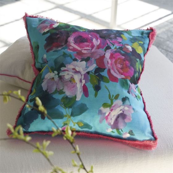 Bouquet De Roses Cushion by Designers Guild in Turquoise Blue