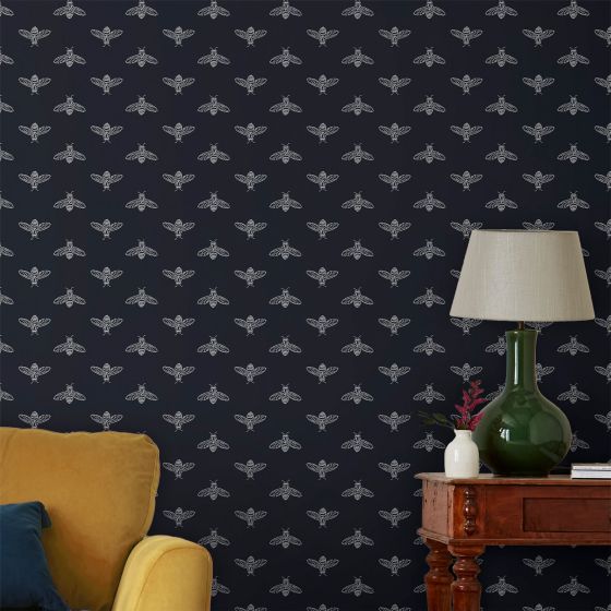 Block Print Bee Wallpaper 118546 by Joules in French Navy Blue