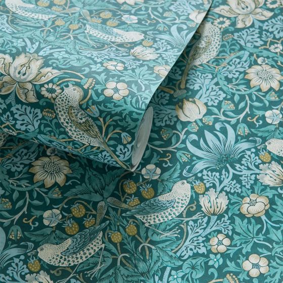 Strawberry Thief Wallpaper W0171/06 by Clarke & Clarke in Teal Blue