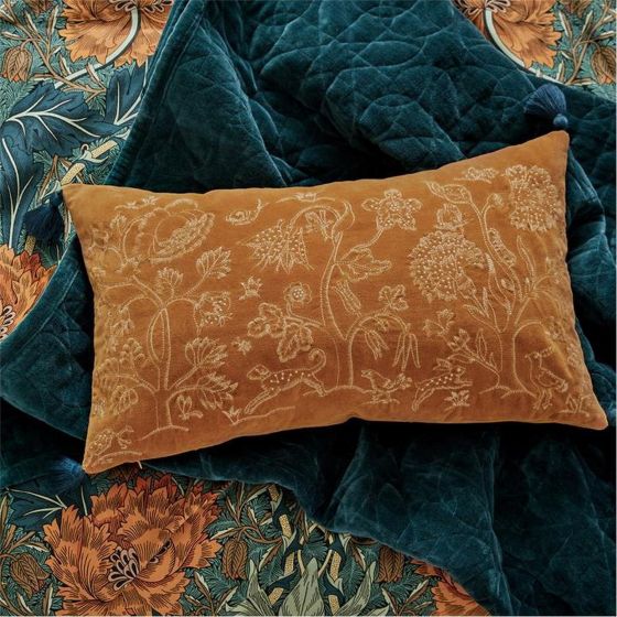 Honeysuckle And Tulip Cushion in Saffron Orange by William Morris