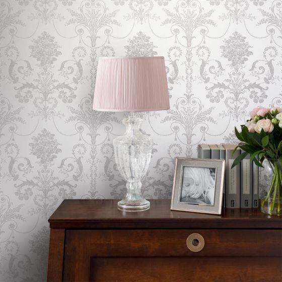 Josette Damask Wallpaper 113385 by Laura Ashley in Dove Grey White