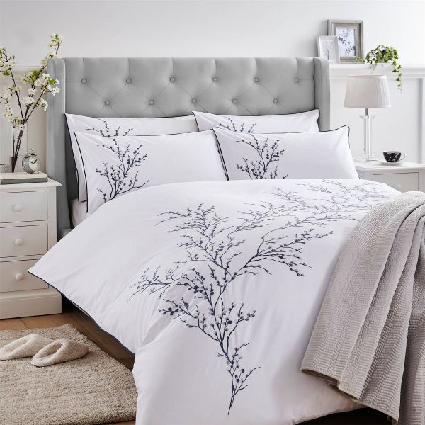 Pussy Willow Sprig Embroidered Bedding Set by Laura Ashley in Midnight