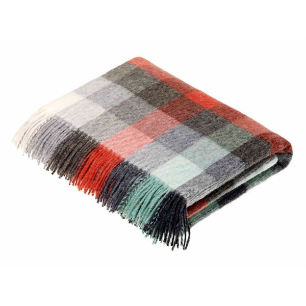 Preston Check Merino Lambs Wool Throw by LuxeTapi in Coral Mint Green