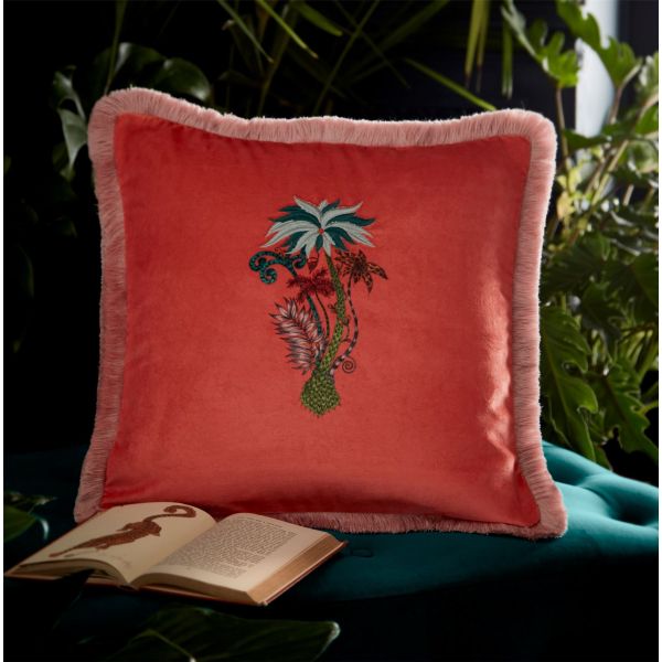 Jungle Palms Fringed Hem Cushion by Emma J Shipley in Coral Orange