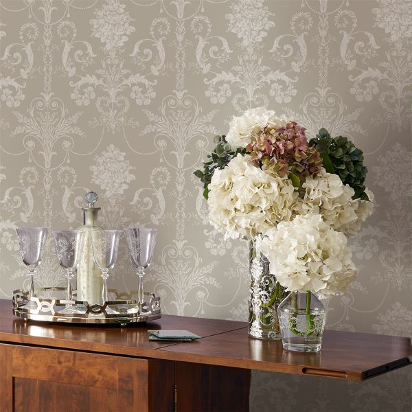 Josette Damask Wallpaper 113378 by Laura Ashley in White Dove Grey