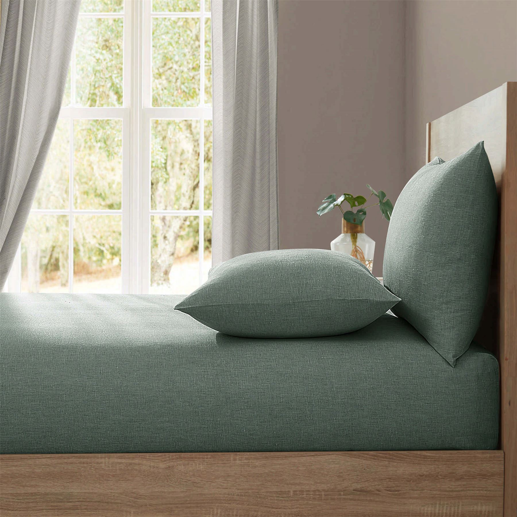 Lazy Linen Plain Fitted Bed Sheet in Sage Green