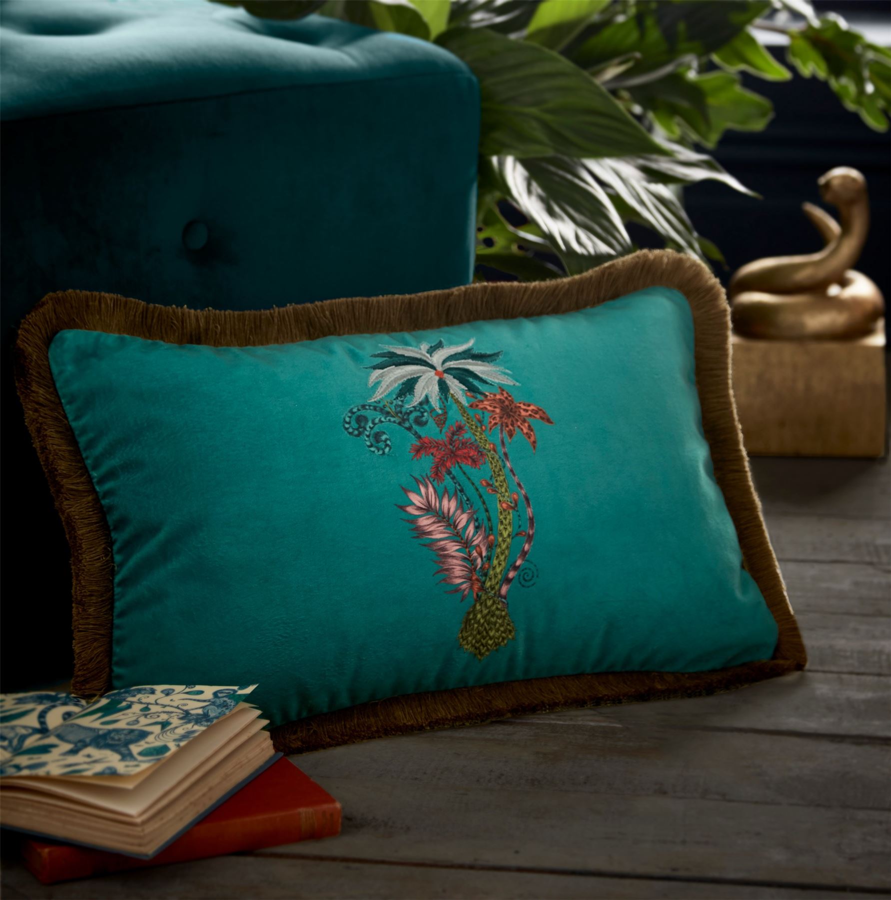 Jungle Palms Fringed Hem Cushion by Emma J Shipley in Teal Green