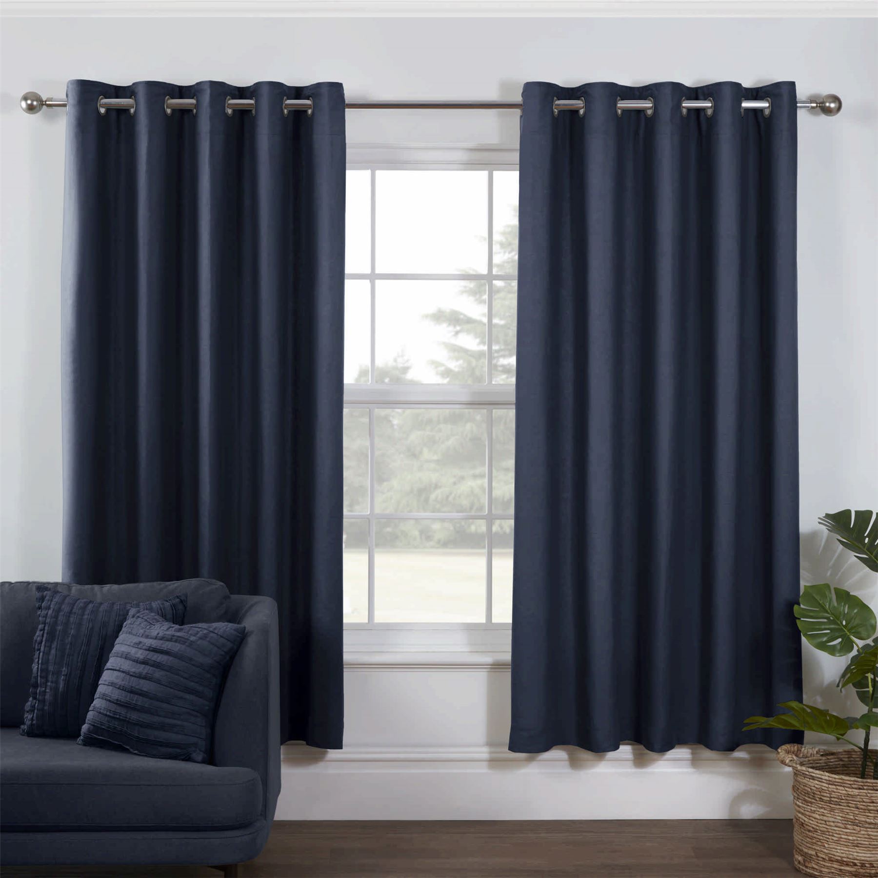 Lazy Linen Plain Eyelet Curtains in Navy Blue