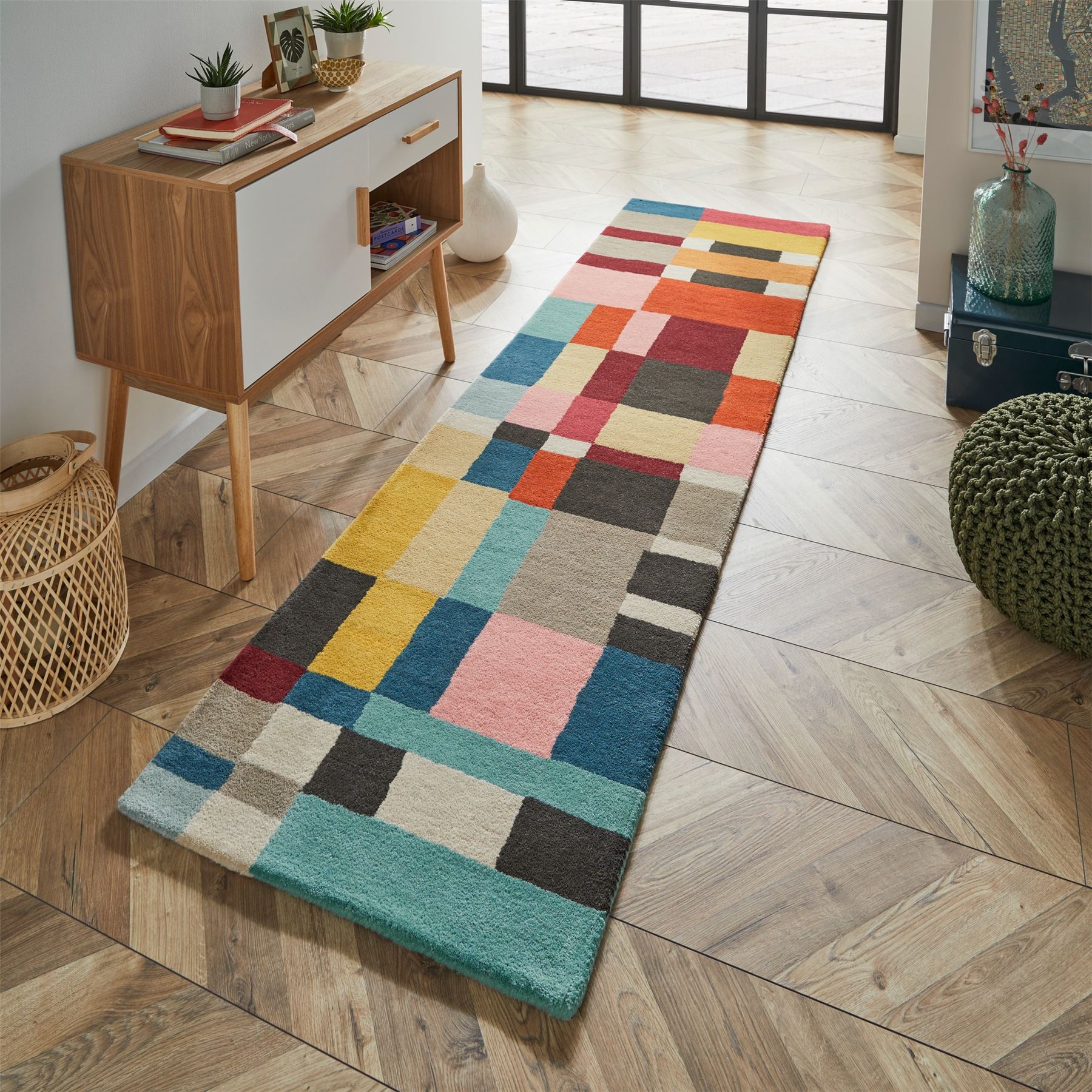 Estella Domino Geometric Wool Runner Rugs in 83901 Multi