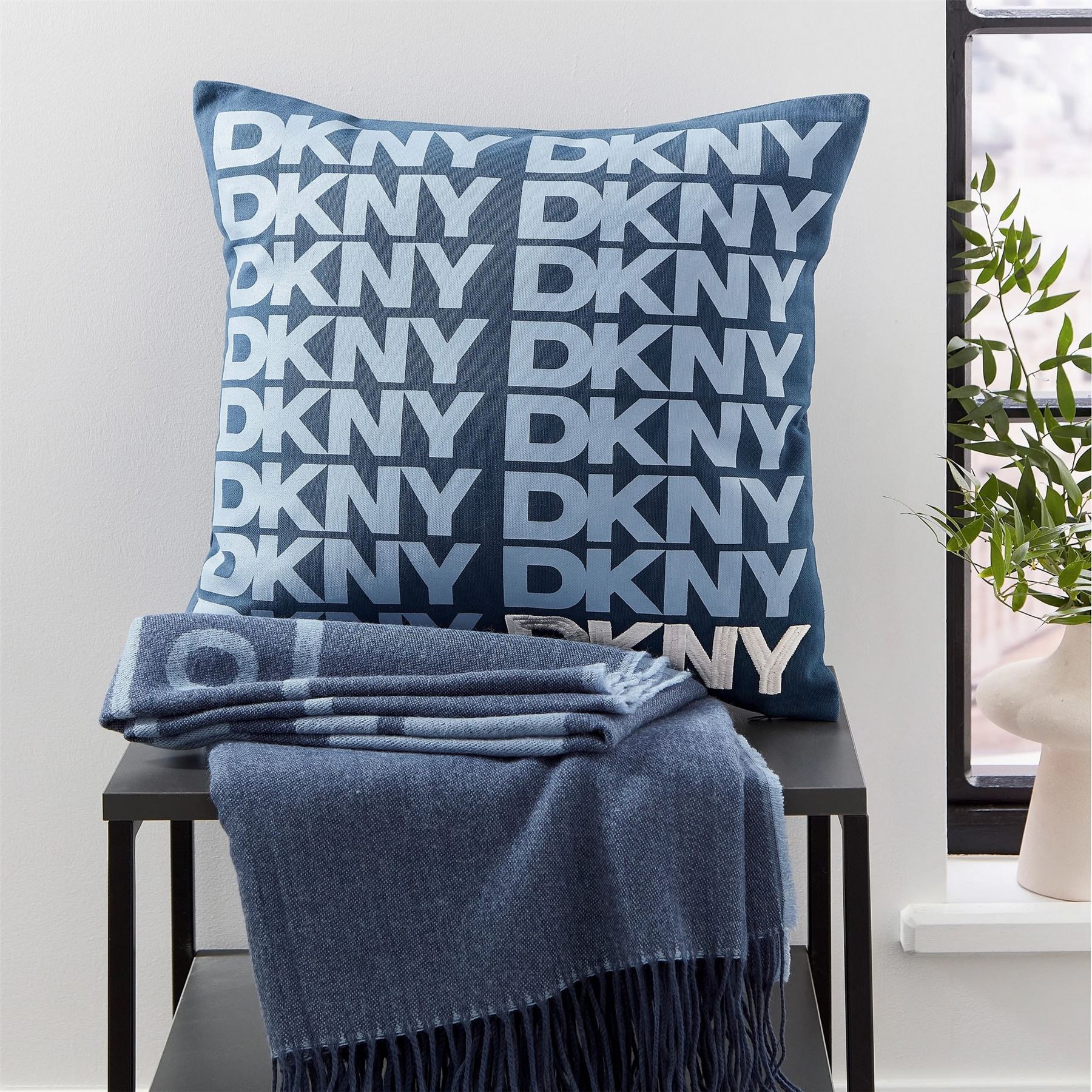 Logo Printed Cotton Cushion by DKNY in Blue